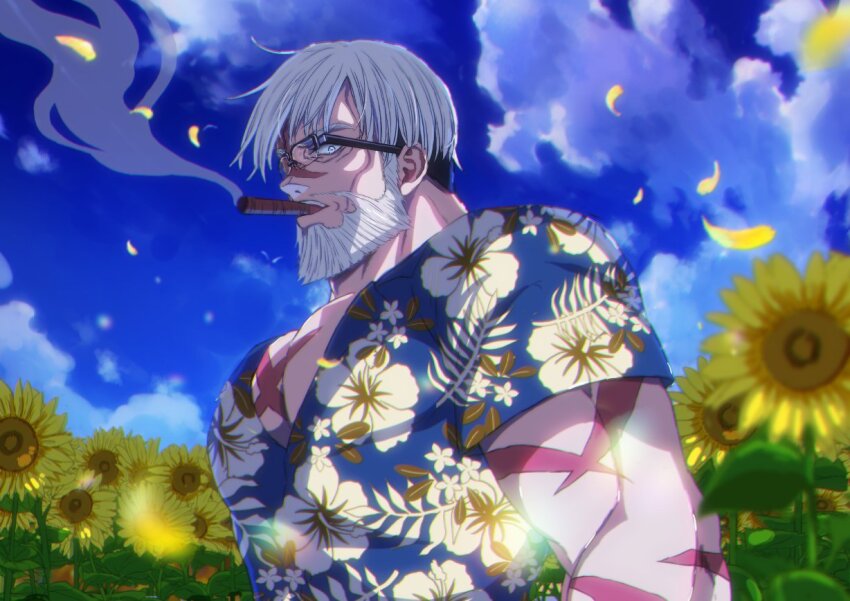 1boy, bara, beard, blue_sky, cheekbones, cigar, commentary_request, facial_hair
