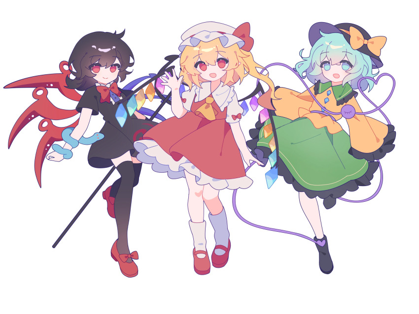 3girls, absurdres, black_dress, black_hair, black_wings, blonde_hair, dress, everyone, flandre_scarlet, frills, green_dress, green_hair, highres, holding_hands, houjuu_nue, komeiji_koishi, misakiii, multiple_girls, red_dress, red_eyes, short_hair, simple_background, single_thighhigh, smile, thighhighs, third_eye, touhou, white_background, wings