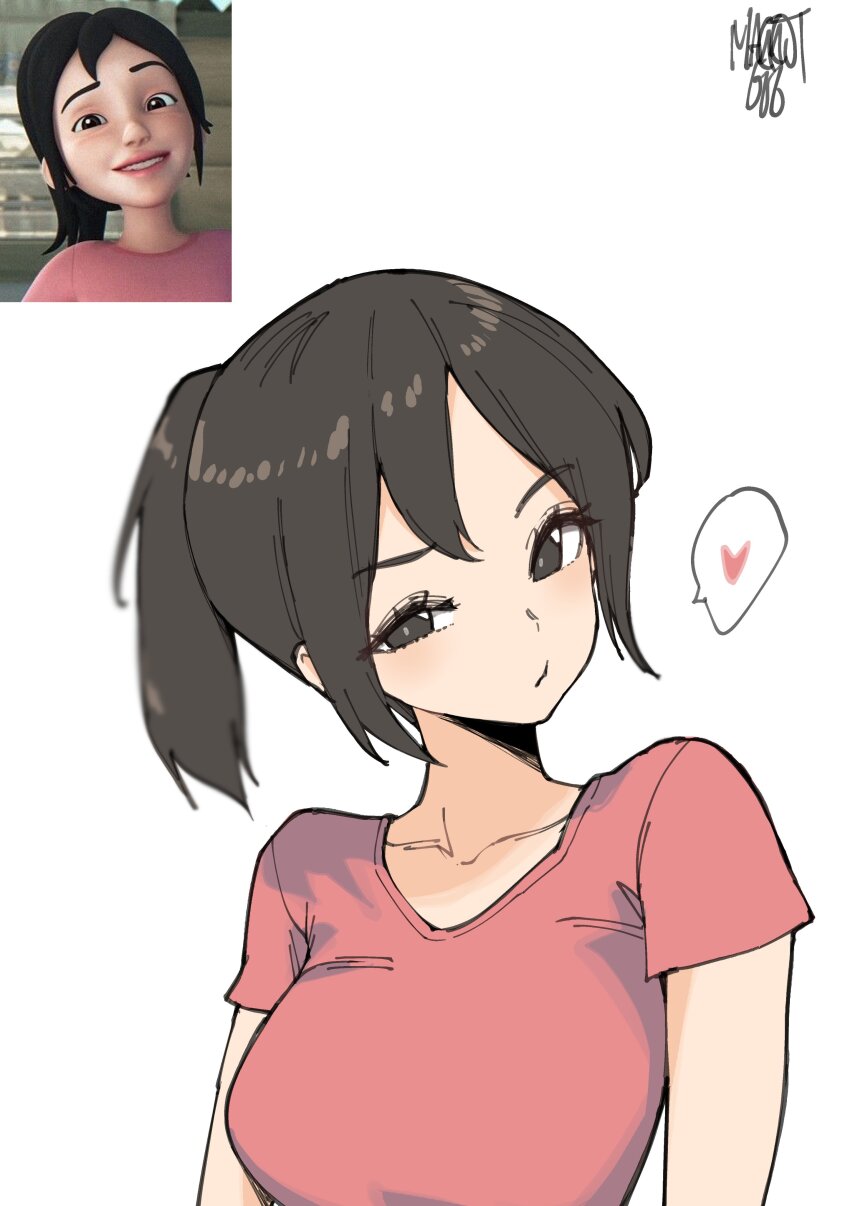 1girl, absurdres, black_hair, breasts, collarbone, half-closed_eye, heart, high_ponytail, highres, kak_ros, large_breasts, looking_at_viewer, medium_hair, norman_maggot, ponytail, raised_eyebrow, red_shirt, shirt, short_sleeves, sidelocks, signature, simple_background, solo, speech_bubble, spoken_heart, upin_&amp;_ipin, upper_body, white_background
