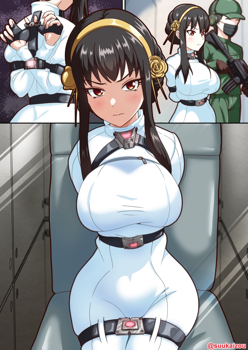 1girl, 1other, arms_behind_back, bdsm, belt, black_hair, bondage, bound