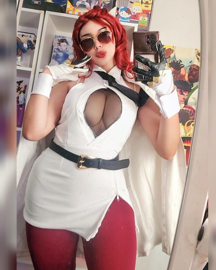 1girl, breasts, capcom, cellphone, coat, coat_on_shoulders, cosplay, cosplay_photo