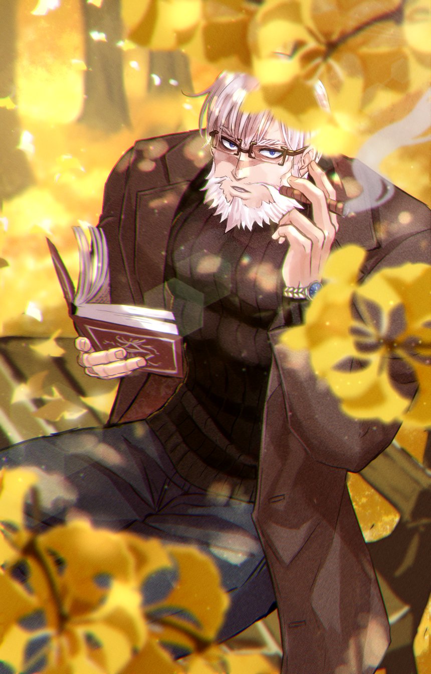 1boy, bara, beard, black_sweater, blue_eyes, book, broad_shoulders, brown_coat