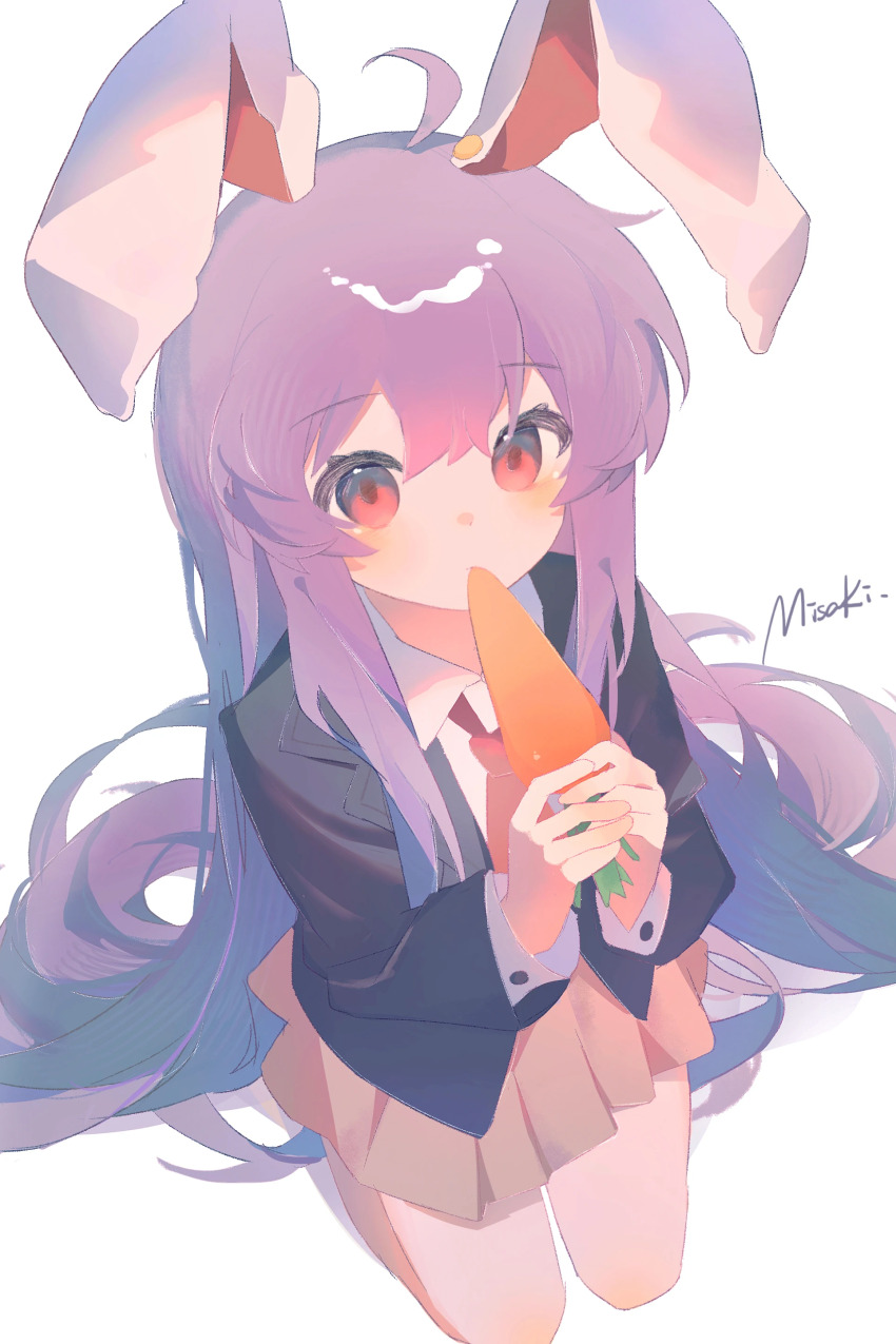 1girl, absurdres, animal_ears, carrot, chinese_commentary, commentary_request, food, highres, holding, holding_food, jacket, kneeling, long_hair, misakiii, necktie, pleated_skirt, purple_hair, rabbit_ears, red_eyes, reisen_udongein_inaba, shirt, simple_background, skirt, solo, suit_jacket, touhou, white_shirt