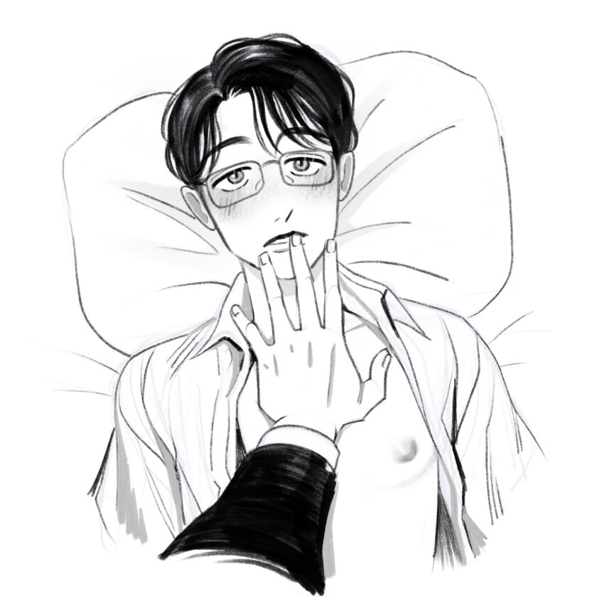 2boys, black_hair, blush, collared_shirt, glasses, greyscale, highres, karaoke_iko!