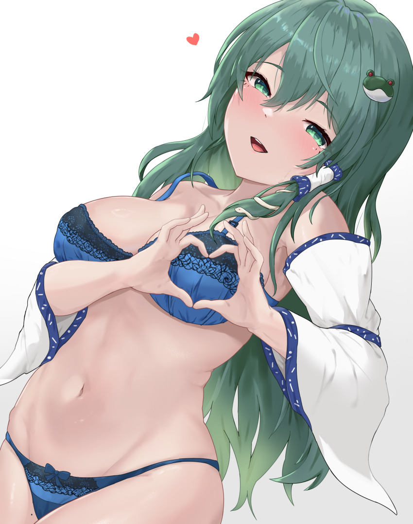 1girl, :d, absurdres, armpit_peek, blue_bra, blue_panties, blush, bra