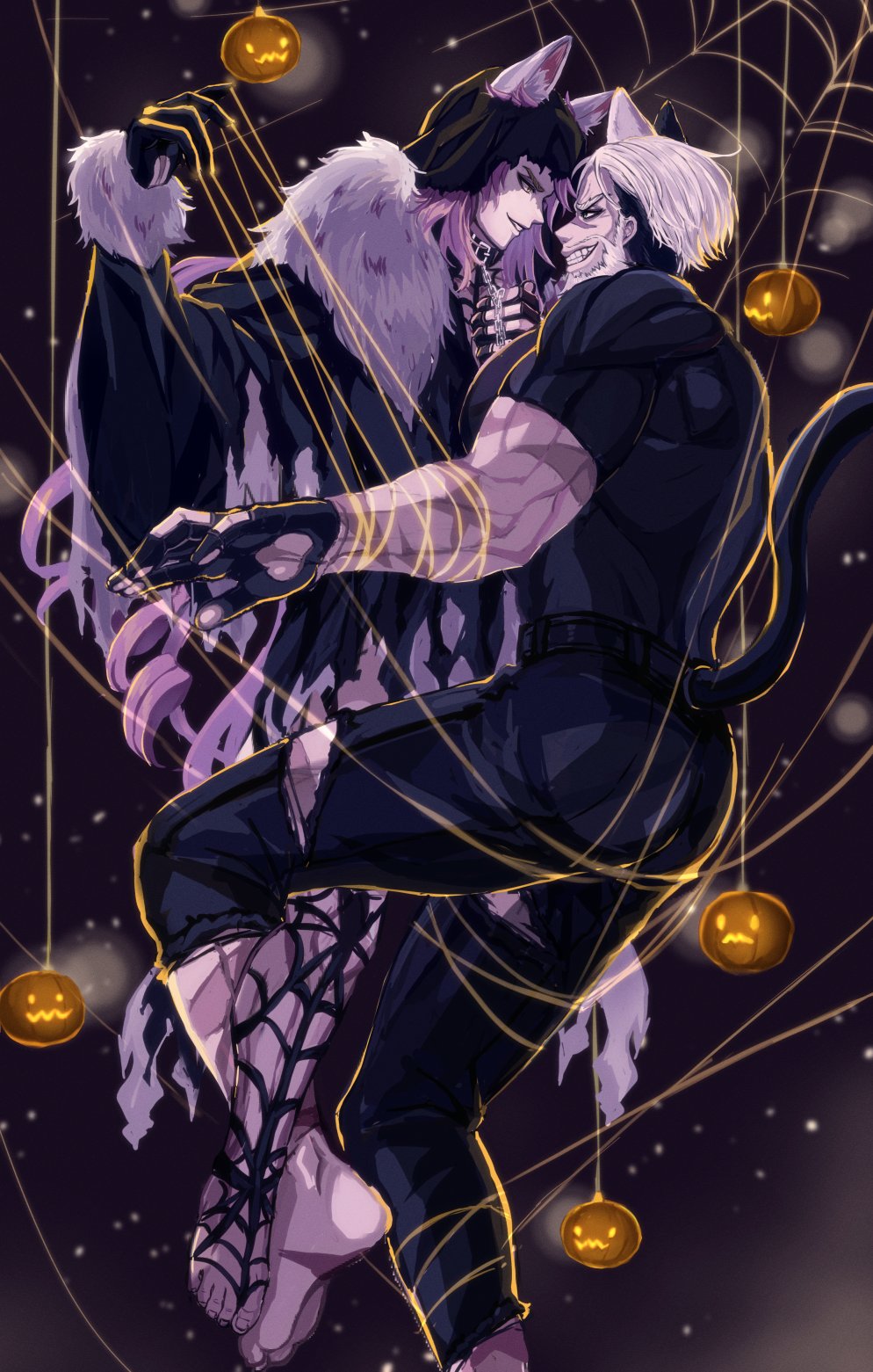 2boys, animal_collar, animal_ears, apollo_(shuumatsu_no_valkyrie), black_background, black_gloves, black_shirt, cat_ears