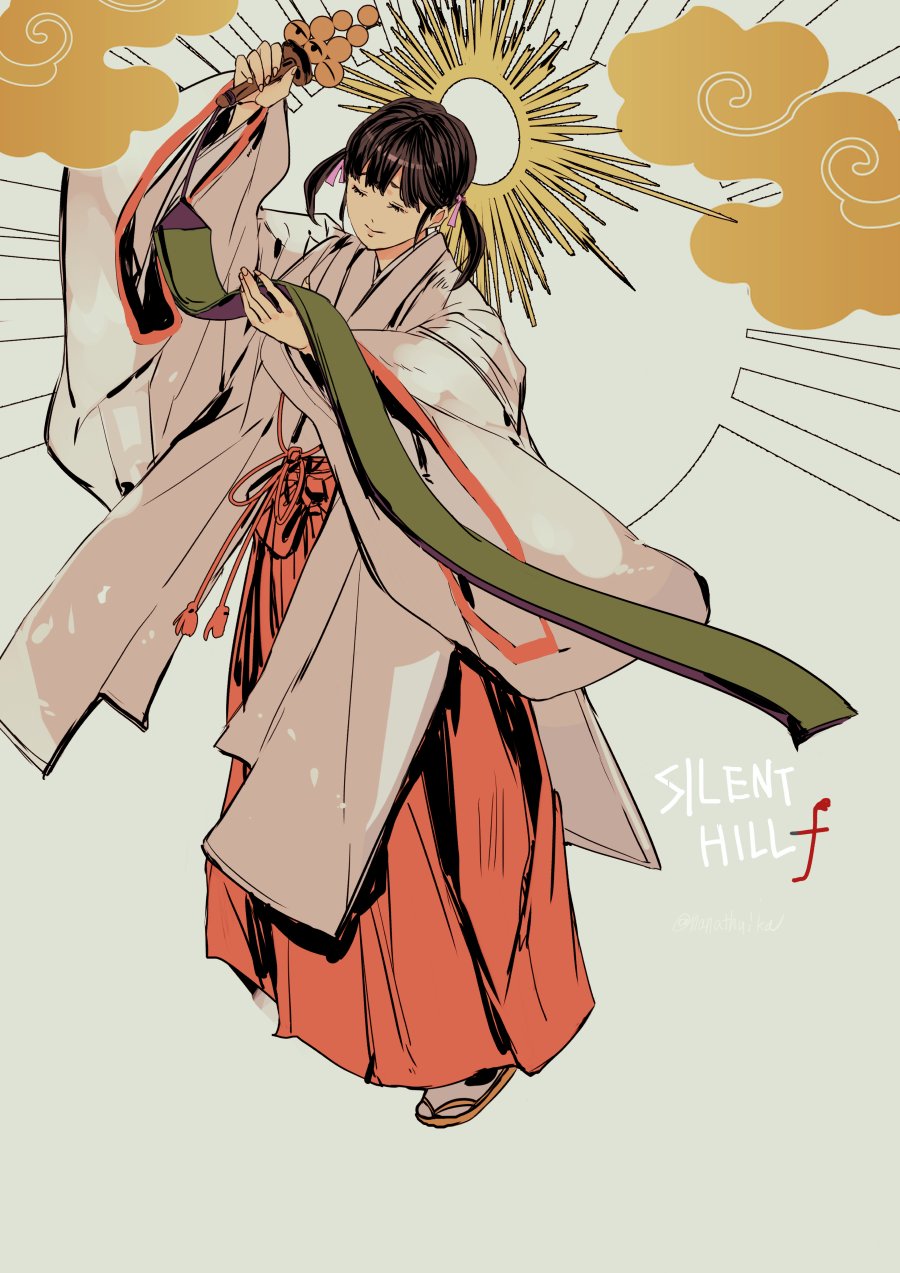 1girl, black_hair, chihaya_(clothing), closed_eyes, cloud, commentary, english_text, full_body