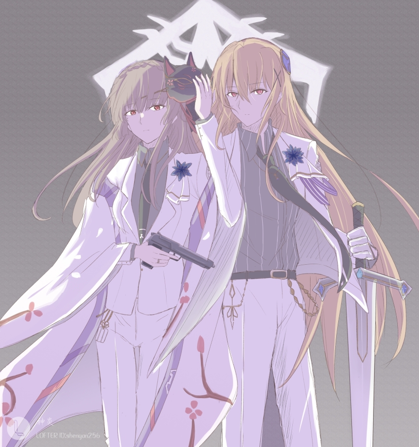 2girls, belt, black_necktie, blonde_hair, blue_flower, braid, brown_eyes, brown_hair