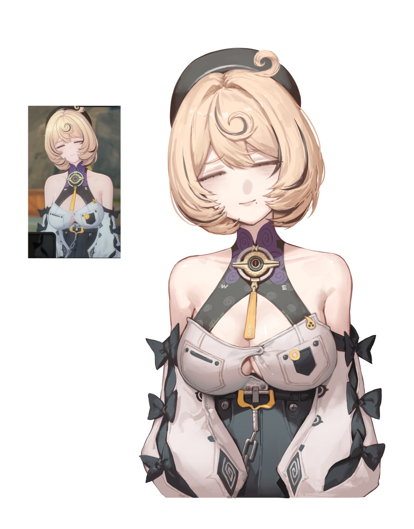 1girl, 2bmm2, absurdres, bare_shoulders, beret, black_hair, blonde_hair, breasts, button_gap, cleavage, cleavage_cutout, closed_eyes, clothing_cutout, commentary, derivative_work, detached_sleeves, game_screenshot_inset, hair_intakes, hat, highres, large_breasts, light_blush, light_smile, mole, mole_under_mouth, multicolored_hair, reference_inset, screenshot_redraw, short_hair, simple_background, solo, streaked_hair, white_background, yidhari_murphy, zenless_zone_zero