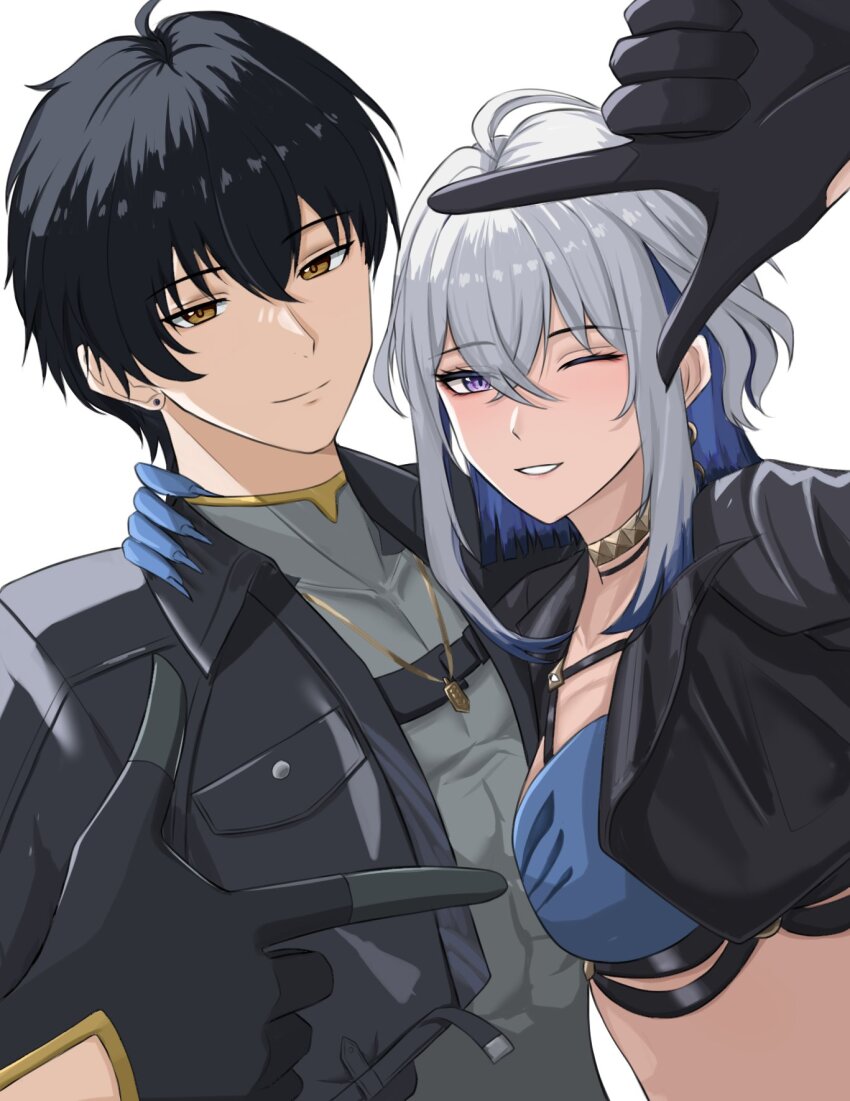 1boy, 1girl, black_gloves, black_hair, black_jacket, blue_bra, blue_hair, bra