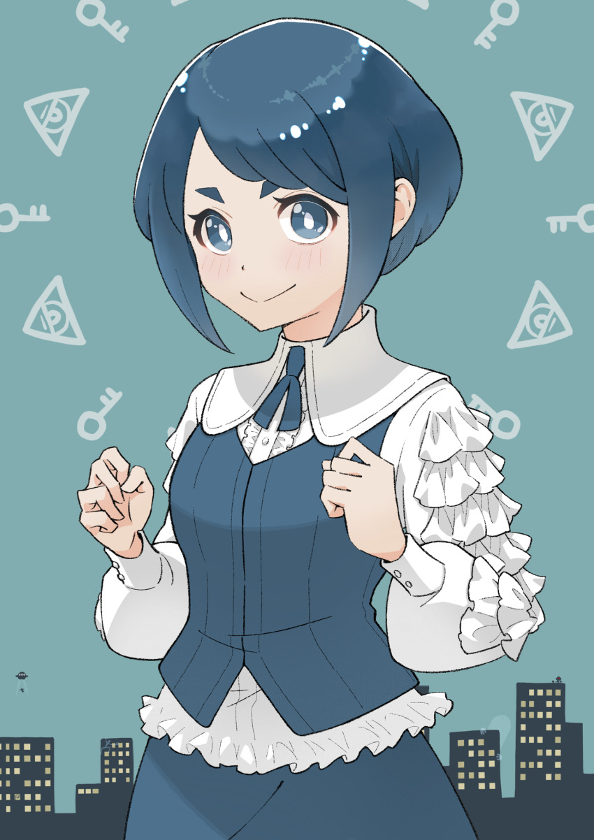 1girl, blue_background, blue_eyes, blue_hair, blue_skirt, bright_pupils, closed_mouth, collared_shirt