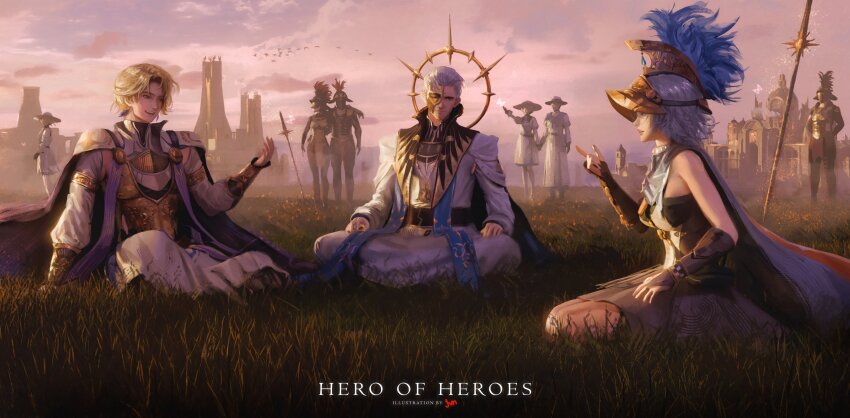 1girl, 2boys, absurdres, arm_armor, armor, artist_name, avidius_(wuthering_waves), bare_shoulders