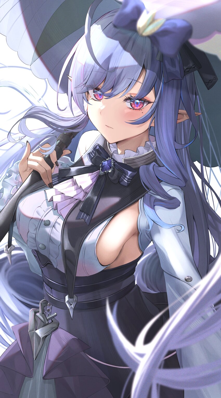 1girl, absurdres, black_nails, black_skirt, blush, bow, bowtie, breasts