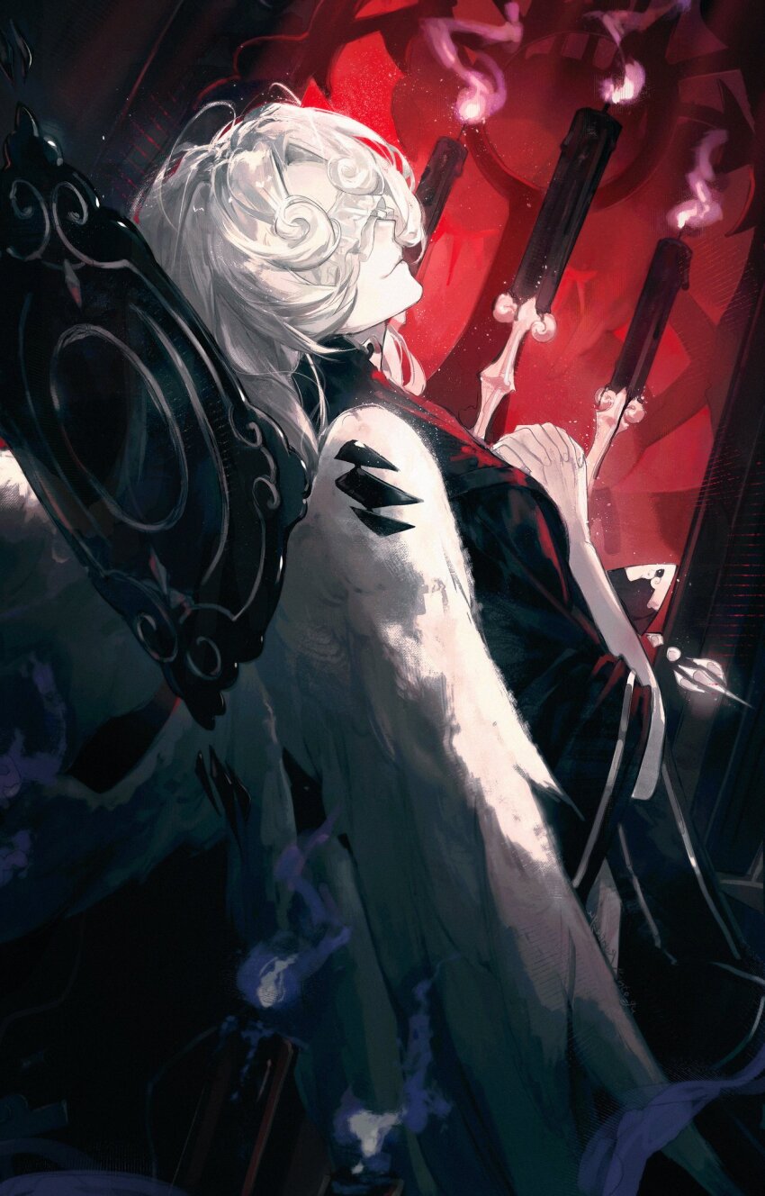 1other, angel_wings, black_cape, candelabra, candlelight, candlestand, cape, closed_mouth