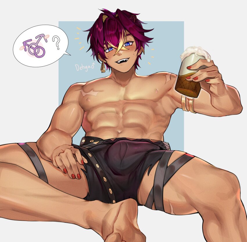 1boy, abs, absurdres, bana_gameg, beer_mug, blue_eyes, blush, bulge