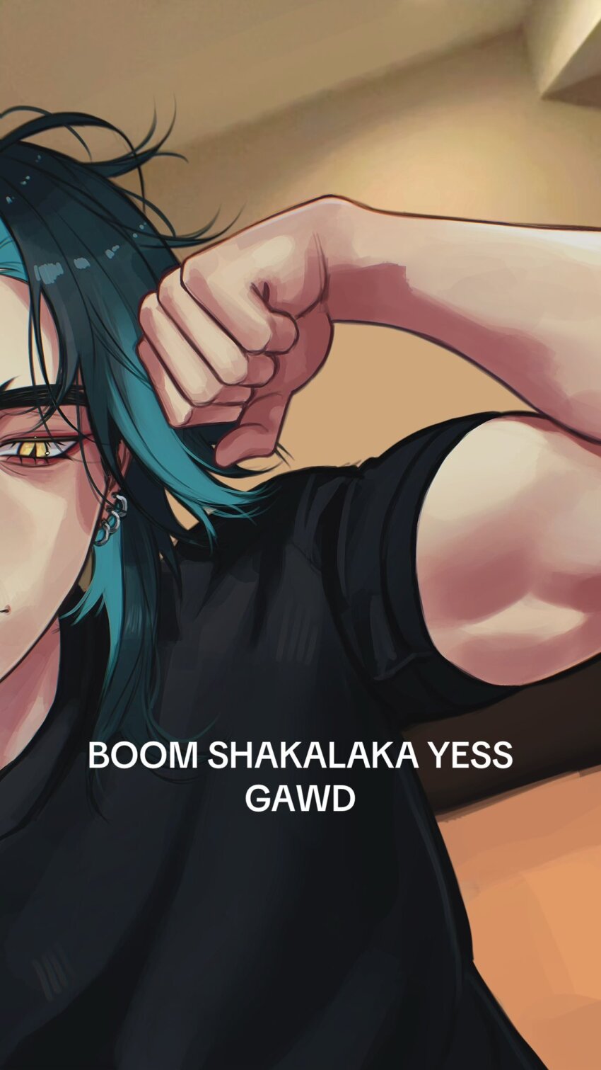 1boy, black_shirt, blue_hair, colored_inner_hair, earrings, flexing, genshin_impact, grey_hair