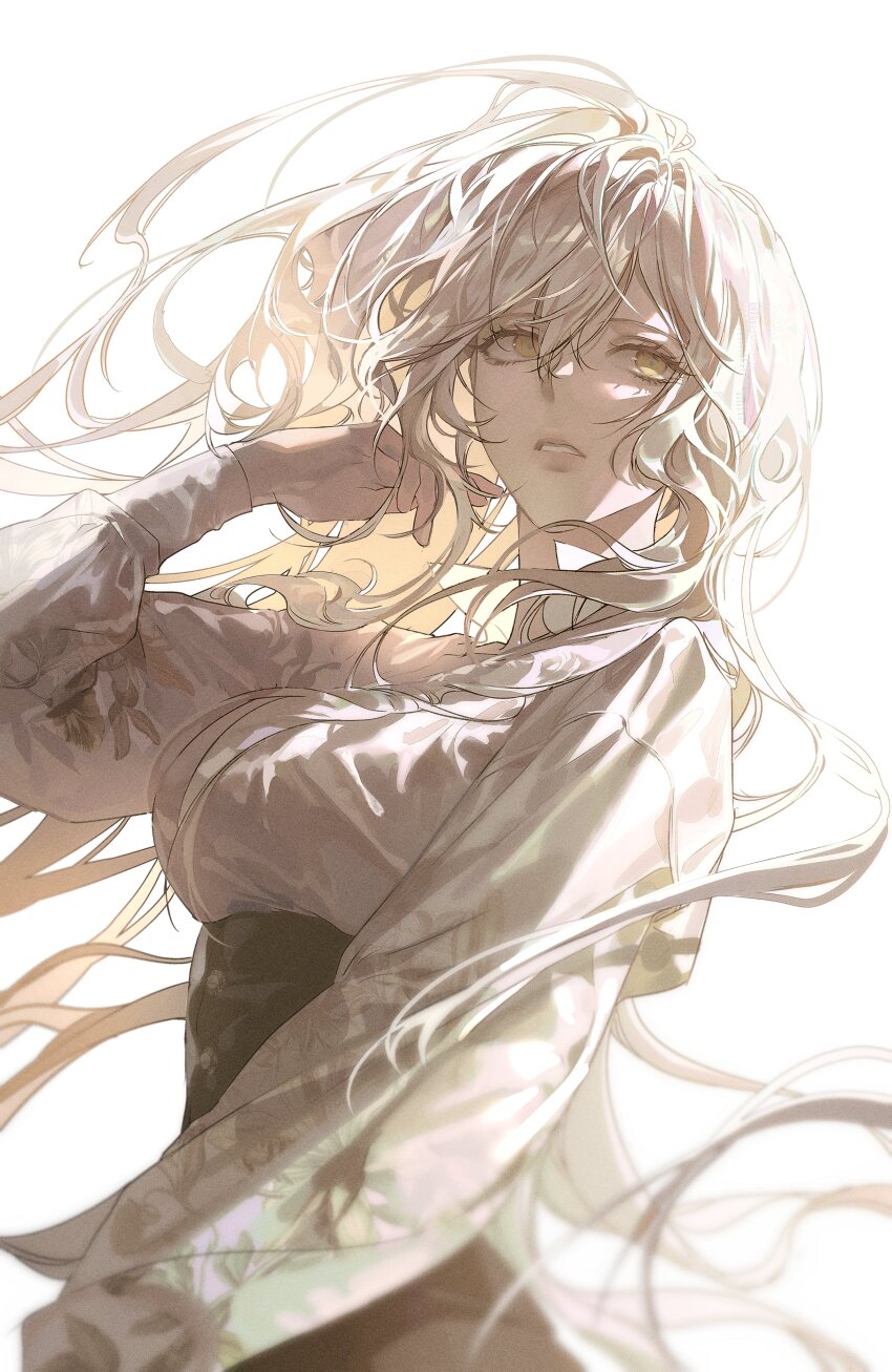 1girl, absurdres, black_skirt, blonde_hair, breasts, collared_shirt, commentary_request, cowboy_shot