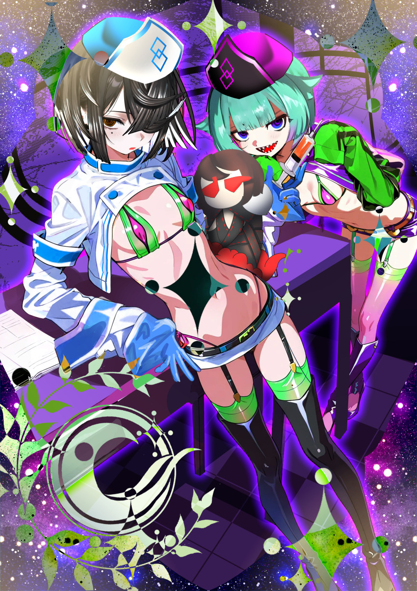 2girls, absurdres, belt, bikini, black_boots, black_hair, black_hat, blue_hat