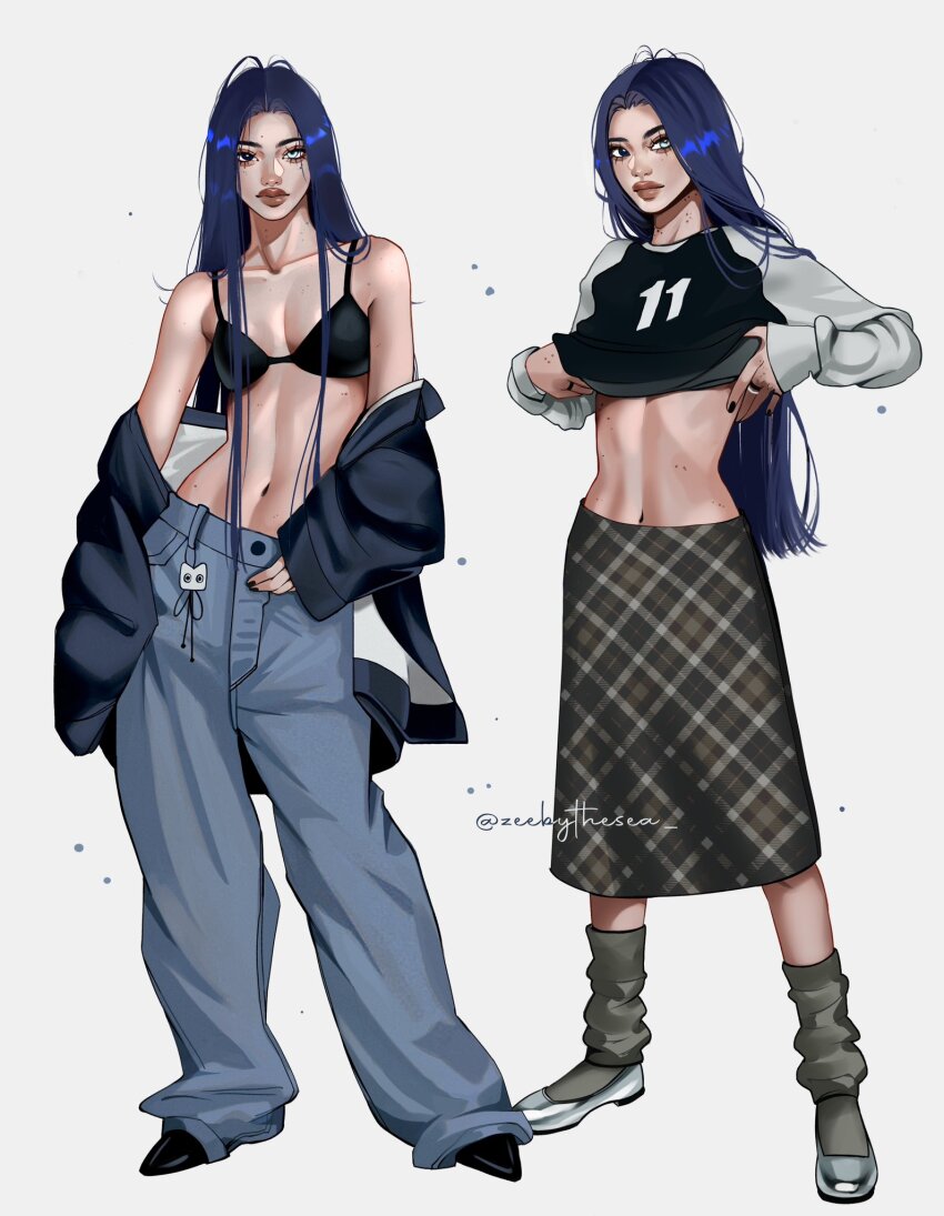 1girl, aegyo_sal, baggy_pants, black_bra, black_nails, black_shirt, black_shoes, blazer, blue_eyes, blue_hair, blue_jacket, bra, breasts, brown_lips, brown_skirt, cat_charm, cleavage, closed_mouth, clothes_lift, collarbone, d'orsay_heels, denim, east_asian, eyelashes, fashion, flats, forehead, full_body, grey_leg_warmers, grey_shoes, hair_over_breasts, heterochromia, highres, jacket, jacket_partially_removed, jeans, jewelry, leg_warmers, lipstick, long_hair, looking_at_viewer, looking_to_the_side, low_block_heels, makeup, medium_breasts, medium_skirt, modeling, mole, mole_on_arm, mole_on_cheek, mole_on_chest, mole_on_collarbone, mole_on_forehead, mole_on_hand, mole_on_hip, mole_on_neck, mole_on_stomach, multiple_views, navel, number_print, original, oversized_jacket, pants, parted_bangs, plaid_clothes, plaid_skirt, raglan_sleeves, ring, shirt, shirt_lift, shoes, skirt, sleeves_past_wrists, standing, straight_hair, thick_eyebrows, thick_lips, twitter_username, umi_(zeebythesea), underwear, white_background, white_sleeves, zeebythesea