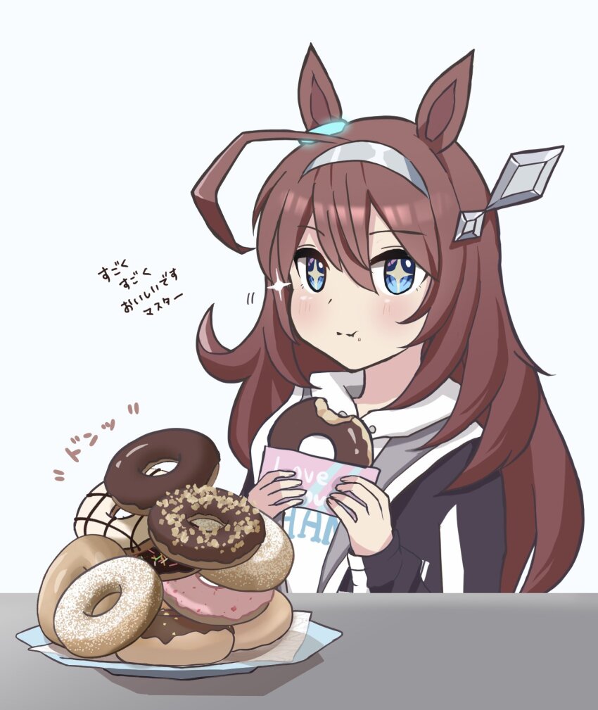 +_+, 1girl, ahoge, animal_ears, black_jacket, brown_hair, commentary_request, donut