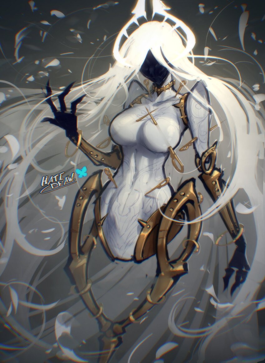 1girl, absurdly_long_hair, black_skin, breasts, collar, colored_skin, dress, energy_horns, faceless, faceless_female, floating_hair, full_body, grand_mother_silk_(hollow_knight), hatidraw, highres, hollow_knight, hollow_knight:_silksong, horns, impaled, juliet_sleeves, large_breasts, long_hair, long_sleeves, mechanical_arms, mechanical_legs, metal_collar, needle, puffy_sleeves, solo, very_long_hair, white_dress, white_hair, white_horns