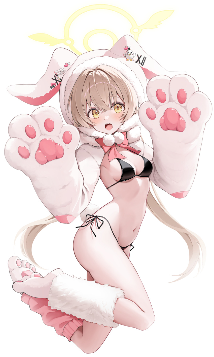 1girl, absurdres, animal_ear_hood, animal_ears, bikini, black_bikini, blonde_hair, blue_archive, blush, breasts, cleavage, commentary_request, crossed_bangs, fake_animal_ears, full_body, hair_between_eyes, hair_intakes, halo, hands_up, hifumi_(blue_archive), highres, hood, hood_up, hooded_shrug, hooming_illust, jumping, long_hair, looking_at_viewer, low_twintails, navel, open_mouth, paw_shoes, paw_sleeves, peroro_(blue_archive), pom_pom_(clothes), rabbit_ears, rabbit_tail, shrug_(clothing), side-tie_bikini_bottom, simple_background, small_breasts, solo, swimsuit, tail, teeth, thighs, twintails, upper_teeth_only, white_background, white_shrug, winged_halo, yellow_eyes, yellow_halo