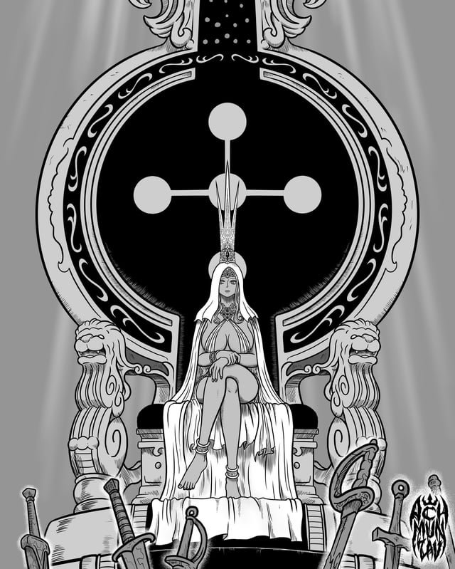 1girl, achmunzav, breasts, crossed_legs, crown, curvy, full_body, genderswap