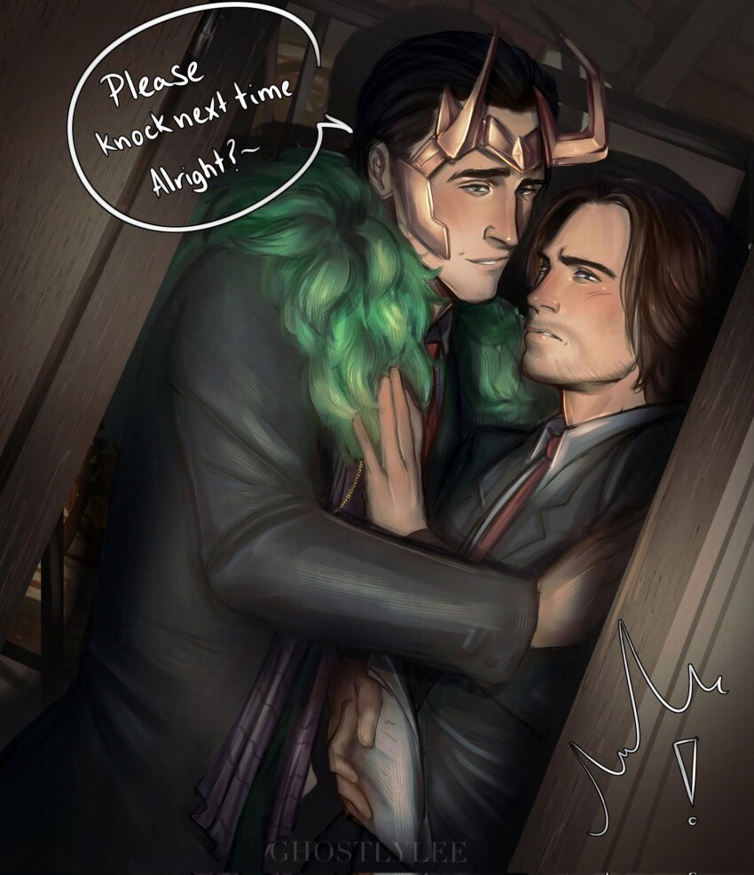 !, 2boys, black_hair, blue_eyes, brown_hair, bucky_barnes, commentary, couple