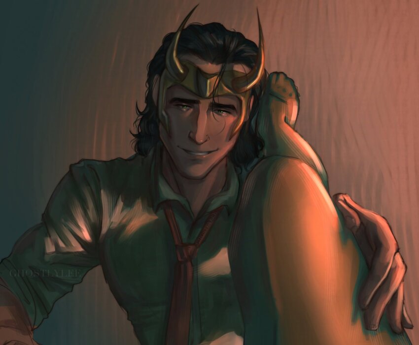 1boy, 1other, barefoot, black_hair, commentary, english_commentary, fake_horns, ghostlylee, green_eyes, green_shirt, grin, hair_slicked_back, hand_on_another's_thigh, highres, horned_headwear, horns, leg_on_another's_shoulder, loki_(marvel), loki_(presidential_attire)_(marvel), looking_at_viewer, male_focus, marvel, marvel_rivals, medium_hair, necktie, no_jacket, official_alternate_costume, orange_background, pov, red_necktie, shirt, sleeves_rolled_up, smile, solo_focus, thor_(marvel)_(series), upper_body