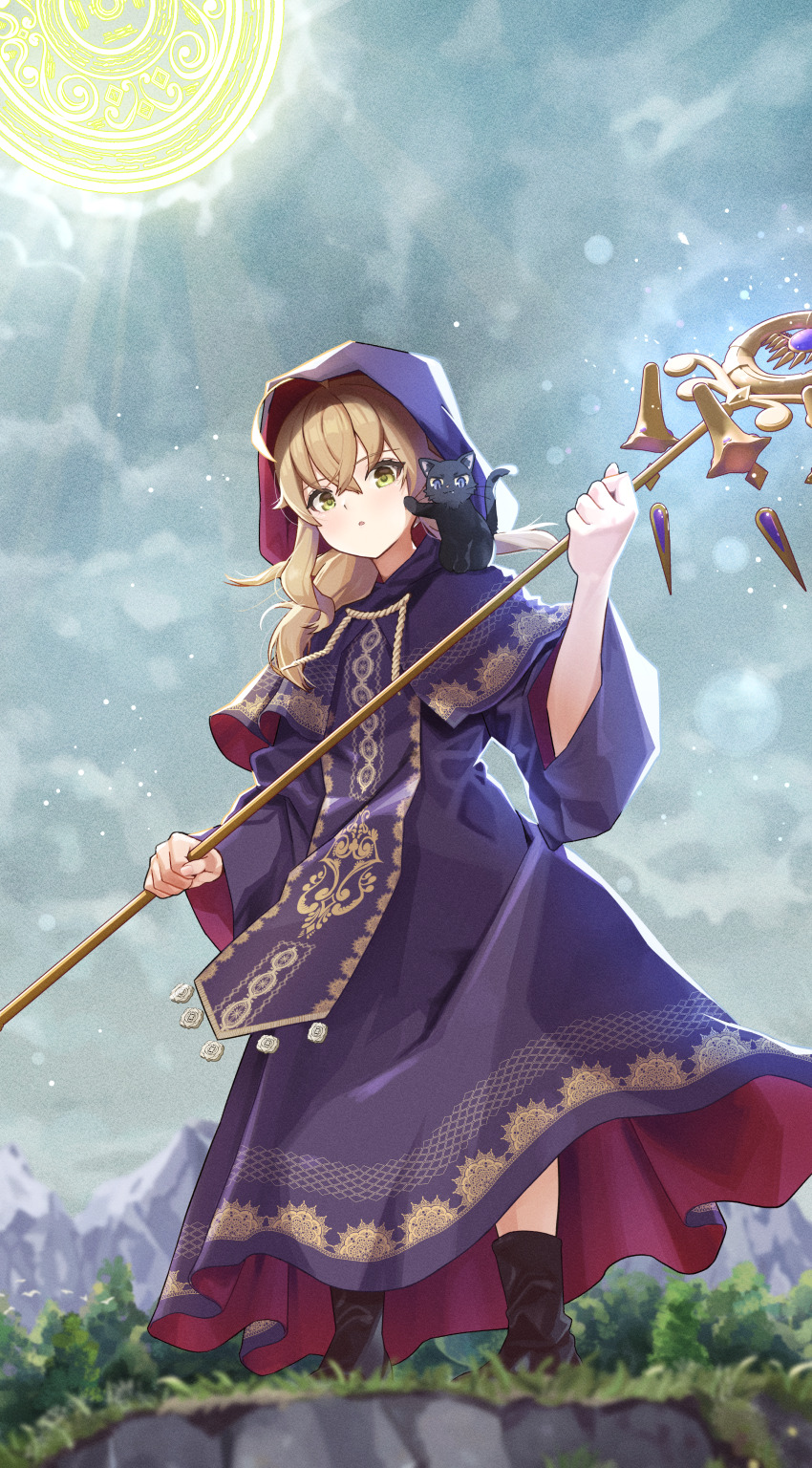 1girl, absurdres, animal, animal_on_shoulder, black_cat, black_robe, blush, boots