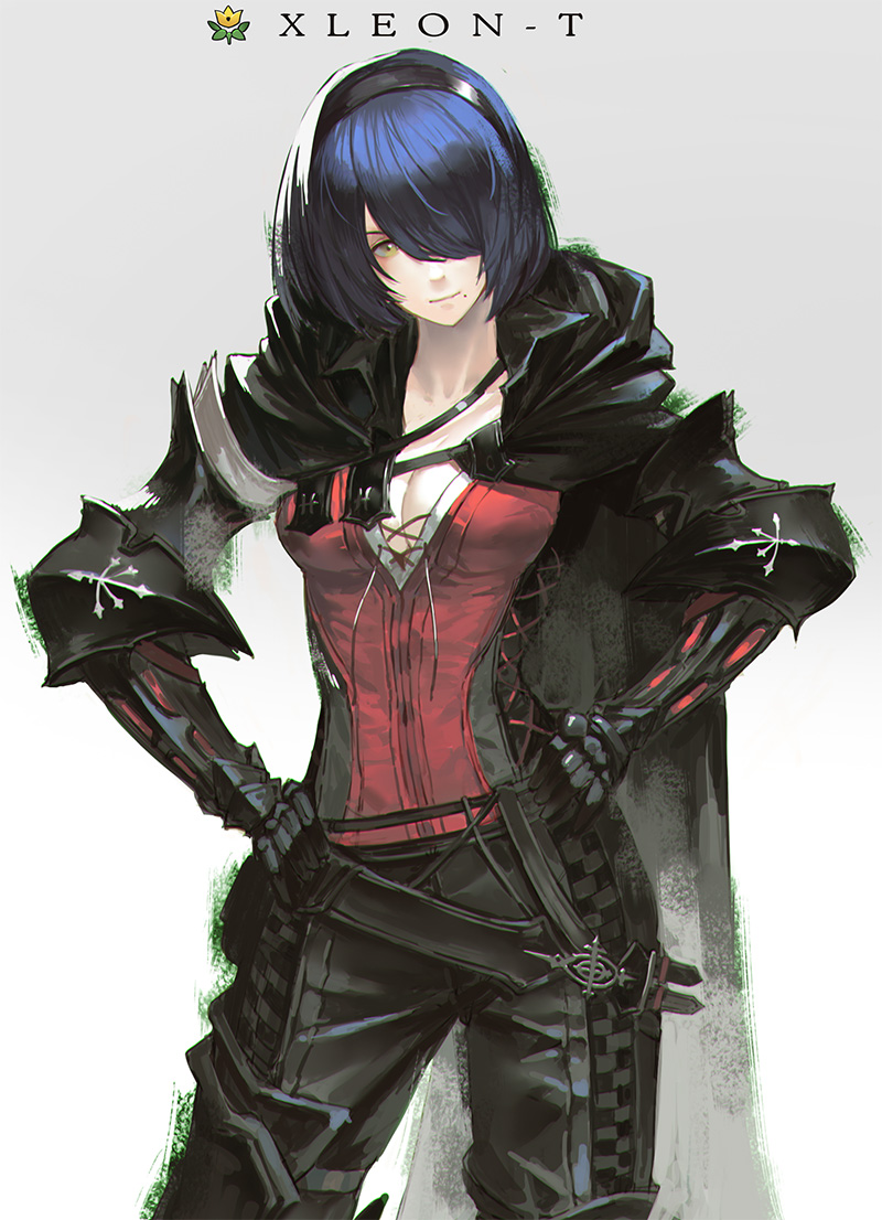 1girl, artist_name, belt, black_cape, black_hairband, black_pants, blue_hair, breasts