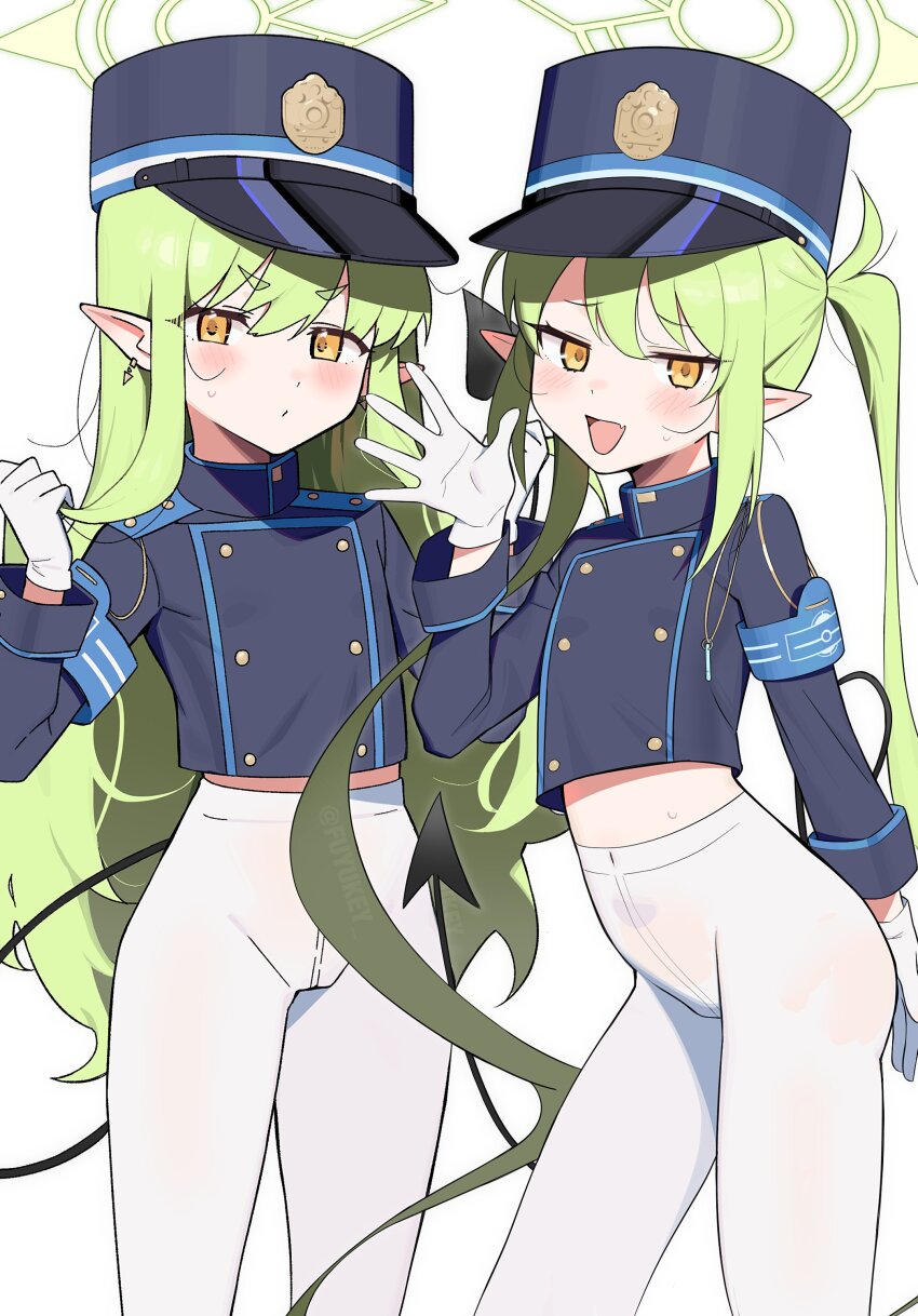 2girls, :/, :d, absurdres, armband, black_jacket, blue_archive, buttons, cropped_jacket, crotch_seam, demon_tail, double-breasted, earrings, fang, fuyukey, green_hair, green_halo, halo, hat, highlander_railway_academy_logo, highres, hikari_(blue_archive), jacket, jewelry, light_blush, long_hair, military_hat, multiple_girls, nozomi_(blue_archive), open_mouth, pantyhose, pointy_ears, simple_background, skin_fang, smile, stomach, sweatdrop, tail, thighs, twintails, v-shaped_eyebrows, white_background, white_pantyhose, yellow_eyes