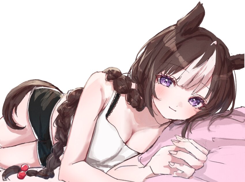 1girl, animal_ears, black_shorts, blush, braid, breasts, brown_hair, brown_tail
