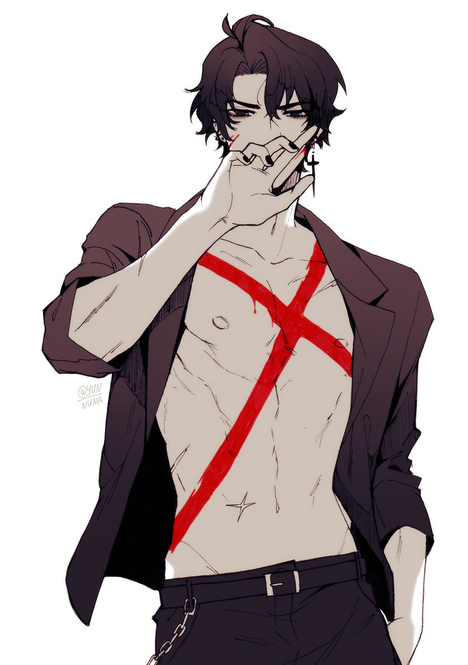 1boy, bags_under_eyes, black_eyes, black_hair, black_shirt, blood, blood_on_face, contrapposto