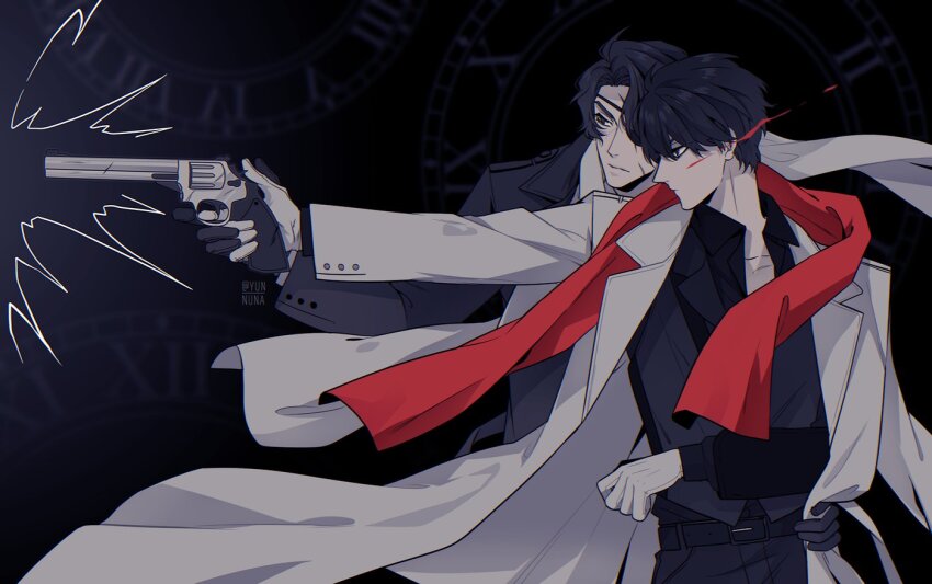 2boys, alternate_universe, black_coat, black_gloves, black_hair, black_shirt, blood, blood_splatter