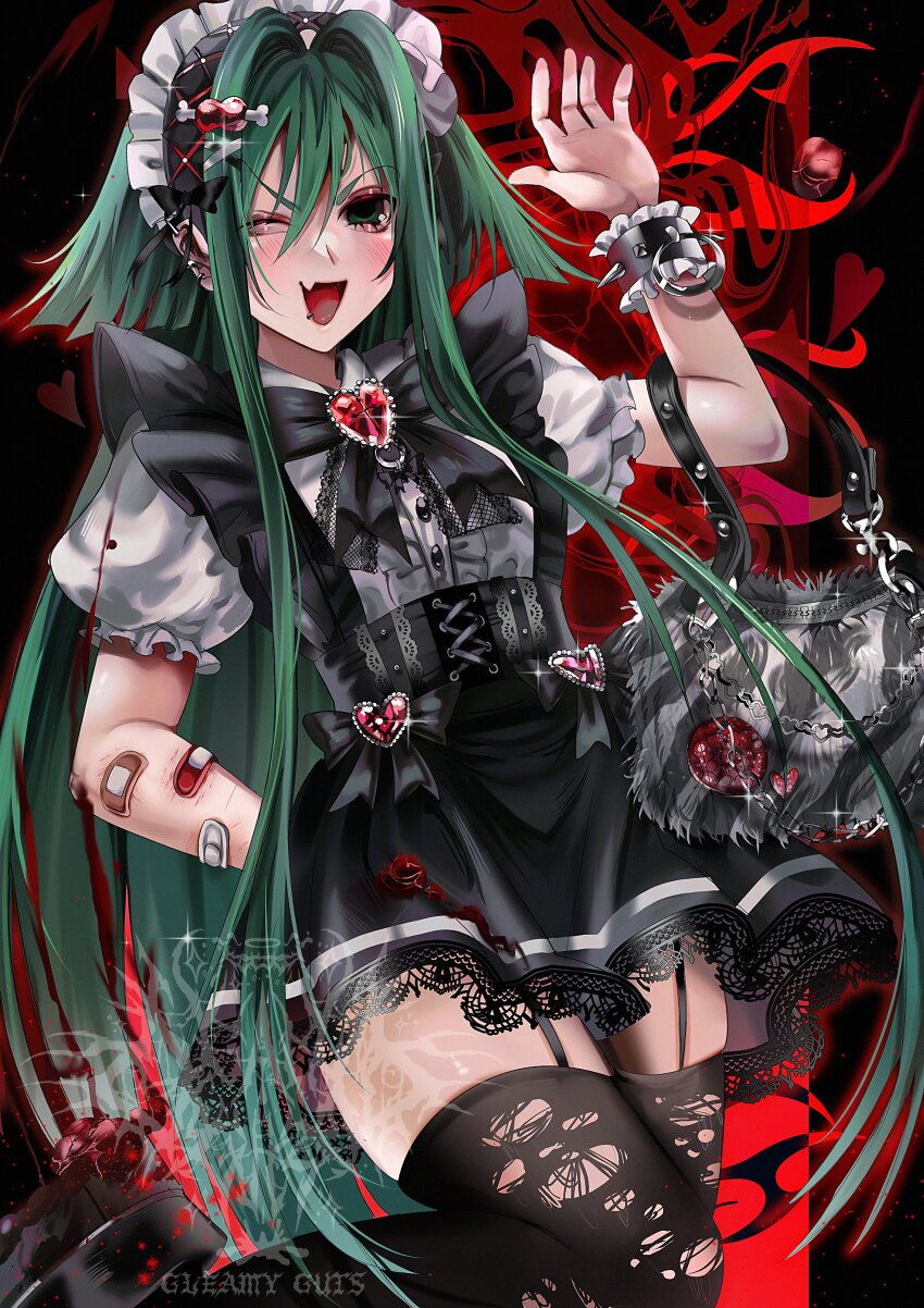 1girl, absurdres, aegyo_sal, bag, bandaid, bandaid_on_arm, black_bow, black_bowtie