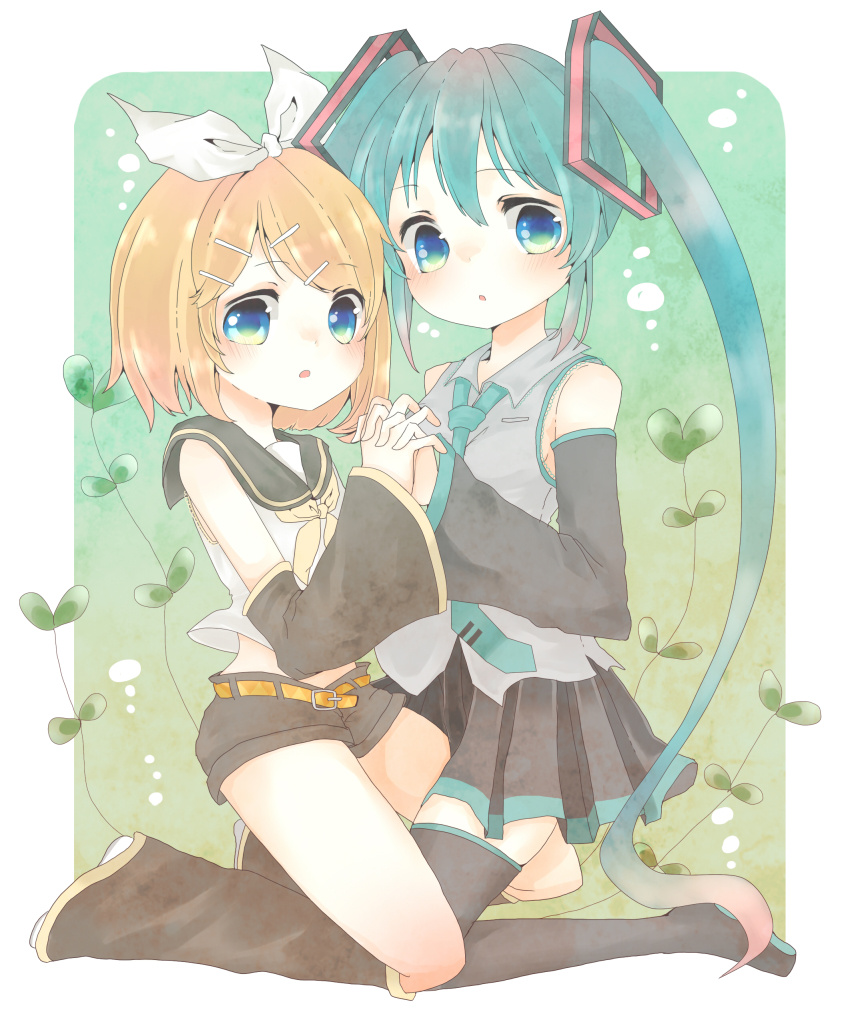 2girls, absurdres, aqua_eyes, aqua_hair, bad_id, bad_pixiv_id, belt, blonde_hair