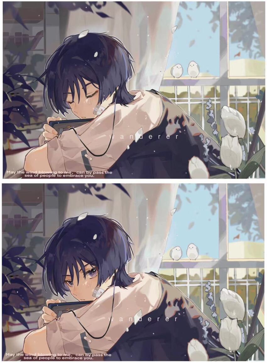 1boy, alternate_costume, alternate_universe, arm_rest, bird, black_blanket, black_hair, blanket_cape