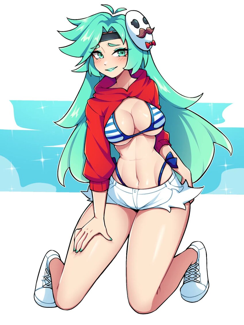 1girl, aqua_eyeliner, aqua_eyes, aqua_hair, aqua_lips, bikini, black_headband, blue_bikini