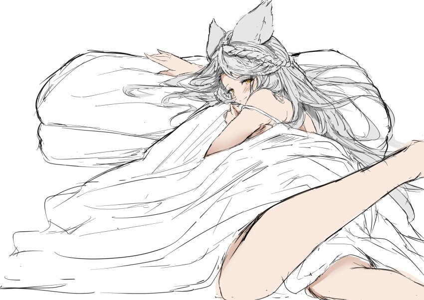 1girl, animal_ears, bed_sheet, bra_strap, endakn3, highres, looking_at_viewer, looking_back