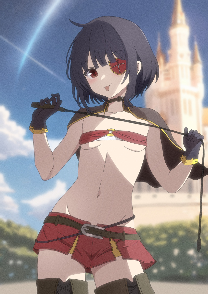 1girl, absurdres, bandeau, belt_collar, black_cape, black_gloves, boots, breasts, cape, castle, collar, commentary_request, cowboy_shot, day, eyepatch, gloves, highres, holding, holding_whip, horizon, huge_filesize, kono_subarashii_sekai_ni_shukufuku_wo!, loli, looking_at_viewer, megumin, midriff, navel, o-ring_bandeau, official_alternate_costume, outdoors, red_bandeau, red_eyes, red_shorts, short_hair, shorts, small_breasts, solo, takabayashi4129, thigh_boots, tongue, tongue_out, whip