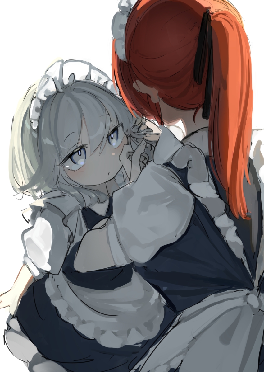 2girls, age_difference, aged_down, apron, black_dress, braiding_another's_hair, child, commentary