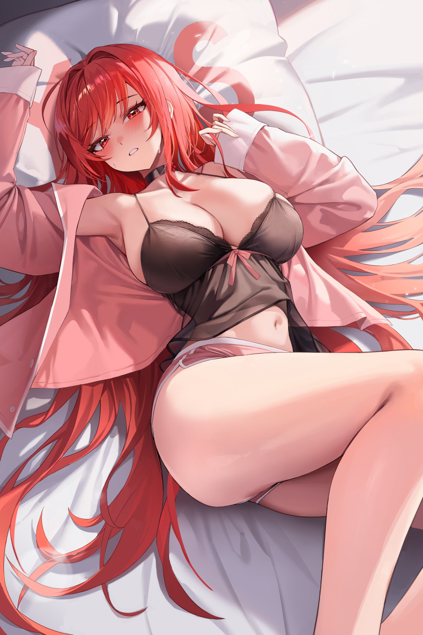 1girl, 4q_(lokcy516), absurdres, arm_up, armpits, bed_sheet, black_choker, black_nightgown