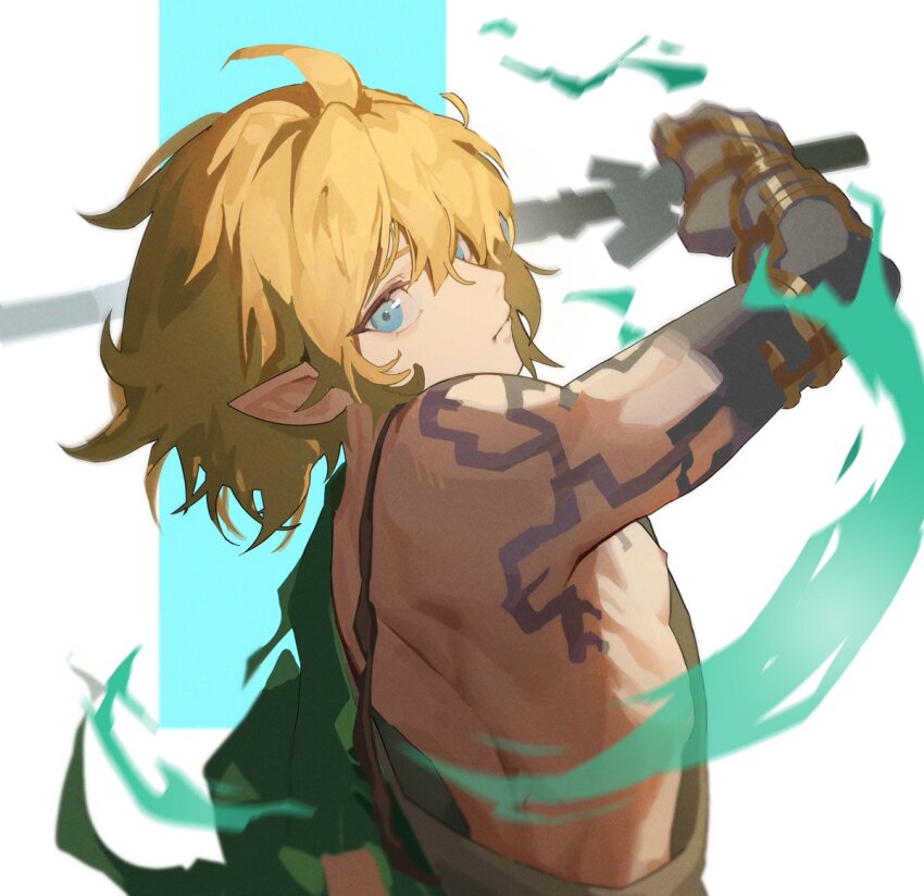 1boy, ahoge, armored_gloves, blonde_hair, blue_background, blue_eyes, border, burururubu, closed_mouth, hair_between_eyes, holding, holding_sword, holding_weapon, link, male_focus, master_sword, nintendo, pointy_ears, short_hair, shoulder_tattoo, solo, swinging_weapon, sword, tattoo, the_legend_of_zelda, the_legend_of_zelda:_tears_of_the_kingdom, upper_body, weapon, white_border