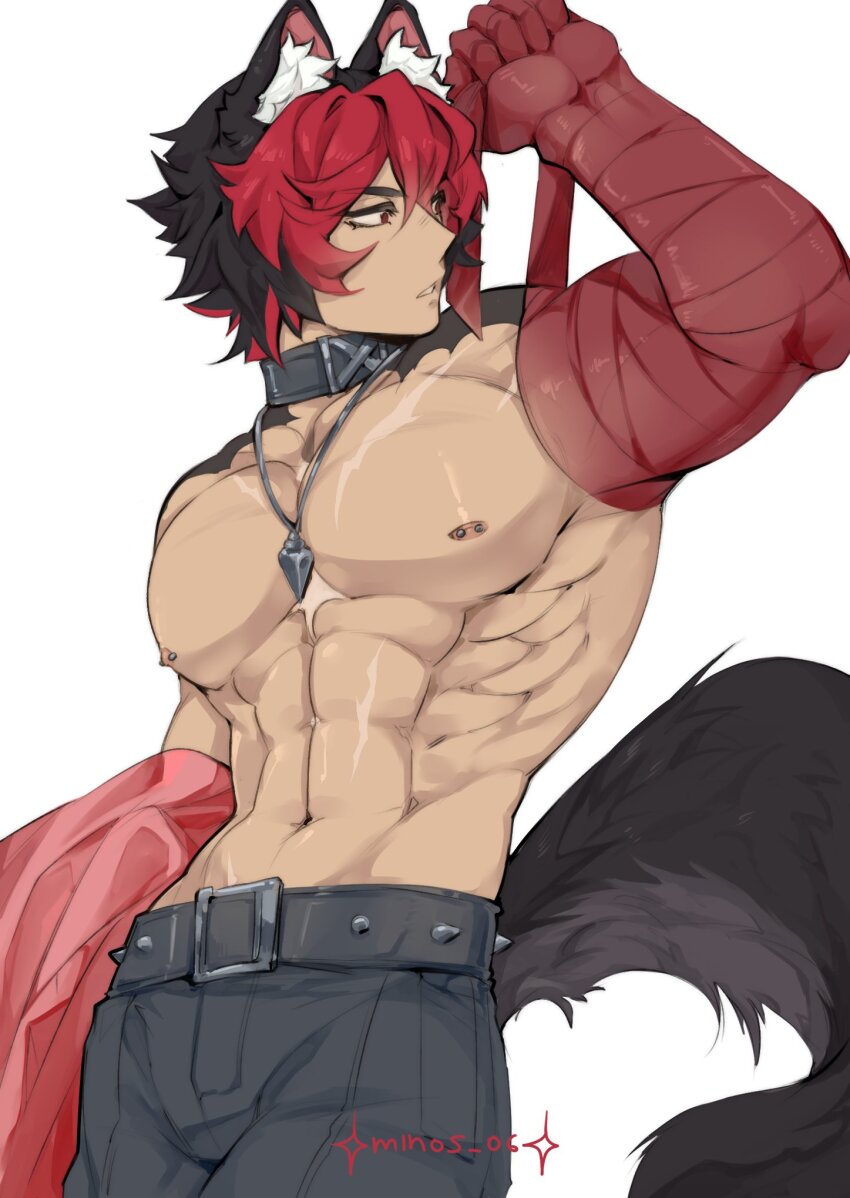 1boy, abs, animal_ear_fluff, animal_ears, artist_name, belt, black_hair, grey_belt, grey_pants, hashtag-only_commentary, highres, komano_manato, large_pectorals, male_focus, minos_06, multicolored_hair, multiple_scars, muscular, muscular_male, navel, nipple_bar, nipple_piercing, nipples, pants, pectorals, piercing, red_eyes, red_hair, scar, scar_on_chest, scar_on_stomach, short_hair, simple_background, solo, spiked_belt, tail, topless_male, white_background, zenless_zone_zero