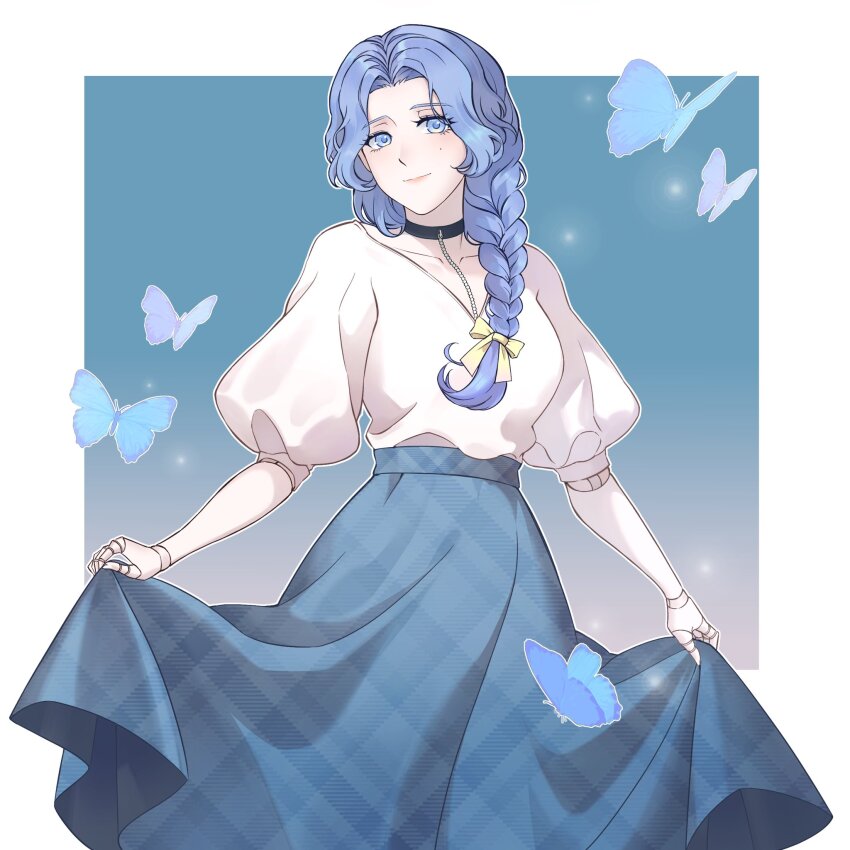 1girl, alternate_costume, alternate_hairstyle, blue_background, blue_butterfly, blue_hair, blue_skirt, border