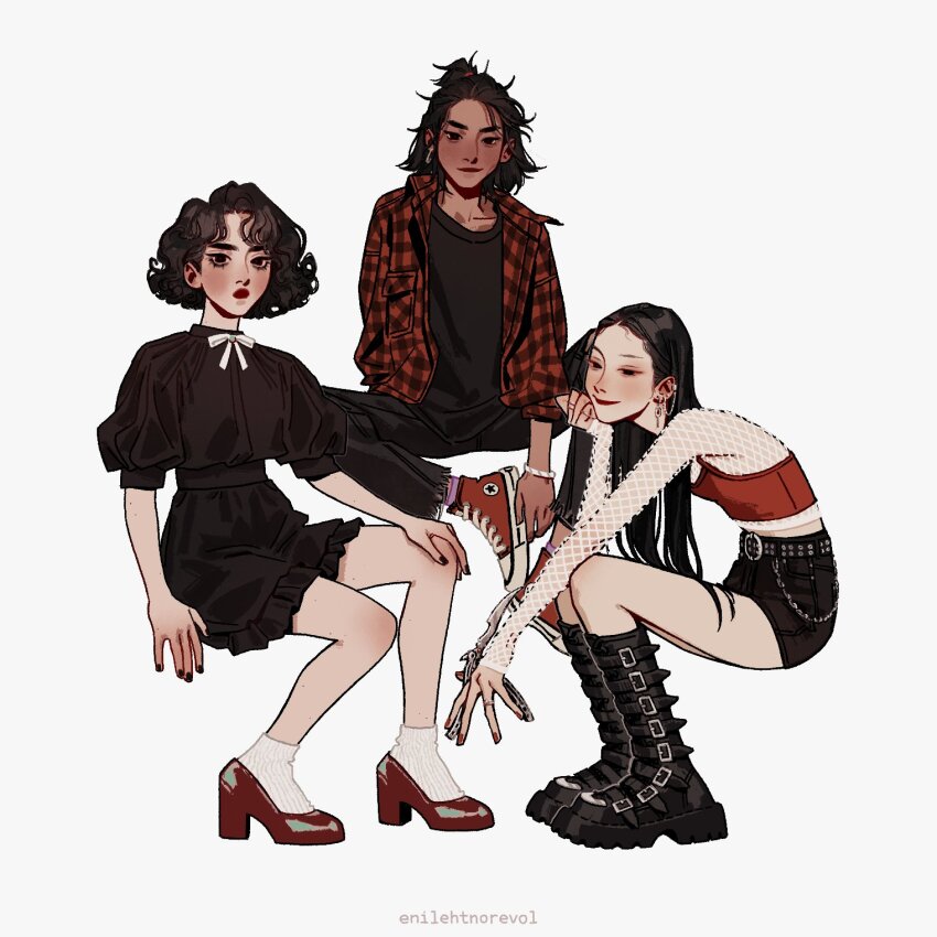 3girls, alternate_costume, alternate_design, alternate_hairstyle, ankle_socks, arm_behind_back, artist_name, asymmetrical_bangs