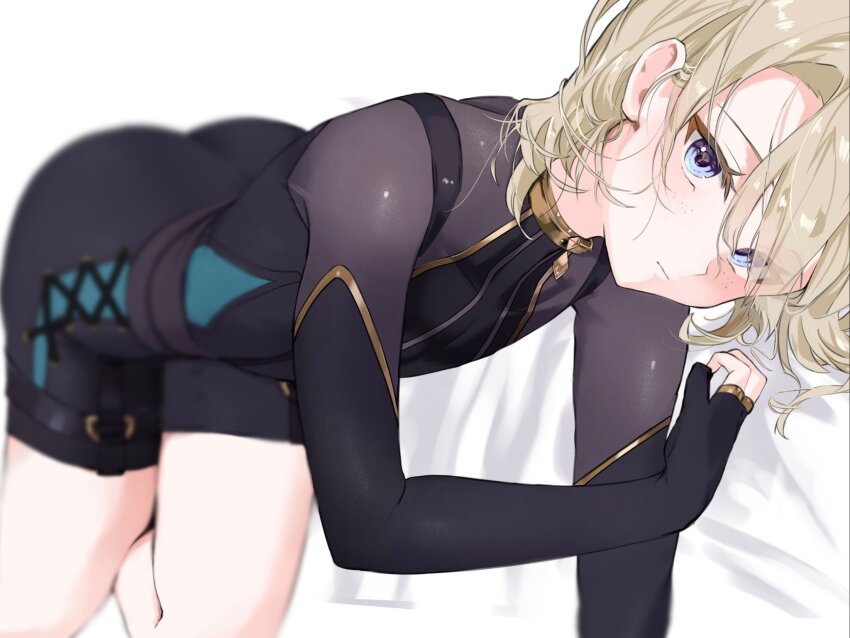 1boy, ass, blonde_hair, closed_mouth, commentary_request, freckles, freminet_(genshin_impact), genshin_impact, girly_boy, highres, looking_at_viewer, male_focus, sahi00000, short_hair, simple_background, solo, thighs, white_background