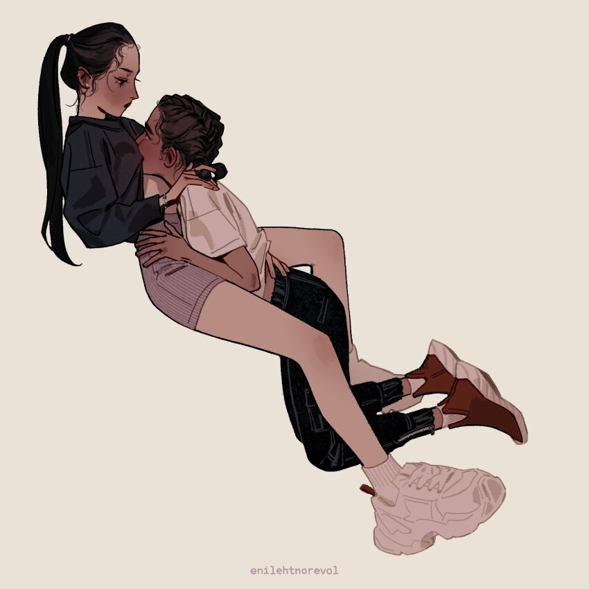 2girls, alternate_costume, alternate_design, alternate_hairstyle, ankle_socks, artist_name, black_eyes, black_hair