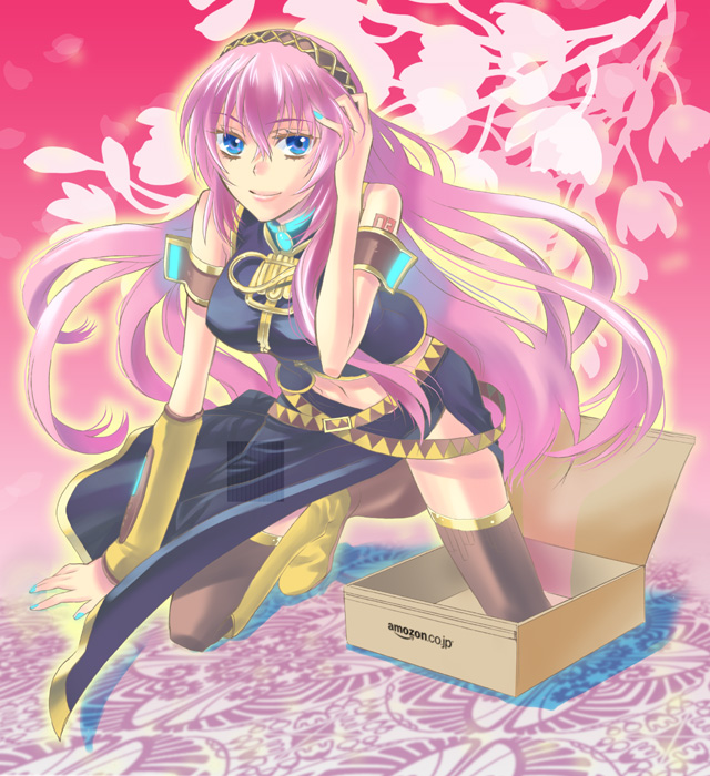 1girl, adjusting_hair, amazon_(company), aqua_nails, arm_support, armband, asymmetrical_sleeves, bad_id, bad_pixiv_id, bare_shoulders, belt, black_skirt, blue_eyes, blue_gem, boots, box, breasts, brooch, brown_thighhighs, detached_sleeves, female_focus, floral_background, gem, hair_between_eyes, hairband, jewelry, kanou, kanou_ayumi, kneeling, large_breasts, lips, long_hair, long_skirt, looking_at_viewer, megurine_luka, midriff, multiple_belts, nail_polish, navel, pink_hair, side_slit, single_sleeve, skirt, sleeveless, sleeveless_turtleneck, smile, solo, tattoo, thighhighs, turtleneck, uneven_sleeves, very_long_hair, vocaloid, yellow_boots, yellow_detached_sleeves